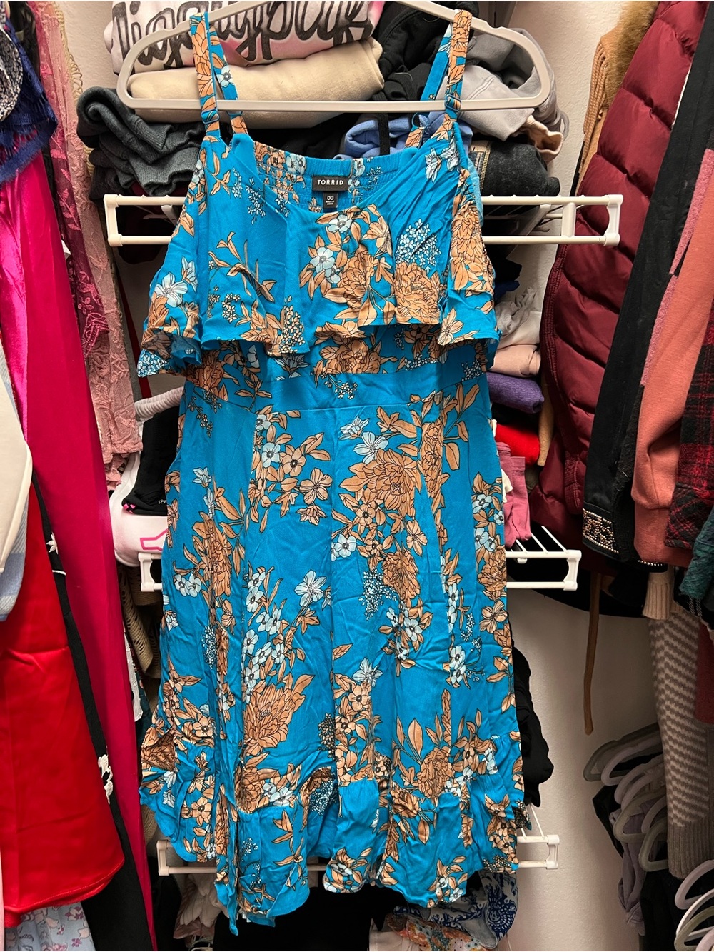 torrid Teal Blue Floral Midi Dress with Tan Floral Print